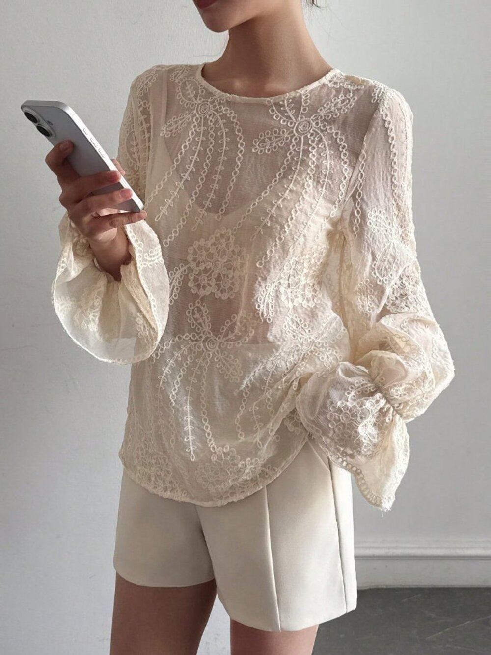Apricot Casual Women's Round Neck Semi-Sheer Lace Flare Sleeve Blouse